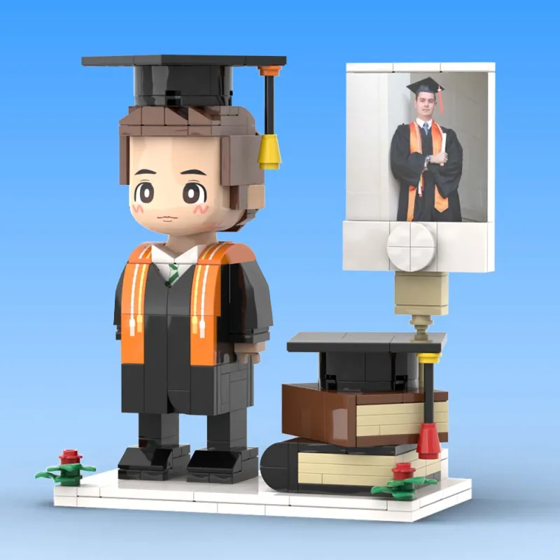 Packaged personalised full‑body brick figure ready for dispatch — bespoke custom photo graduation present in eco‑friendly ABS
