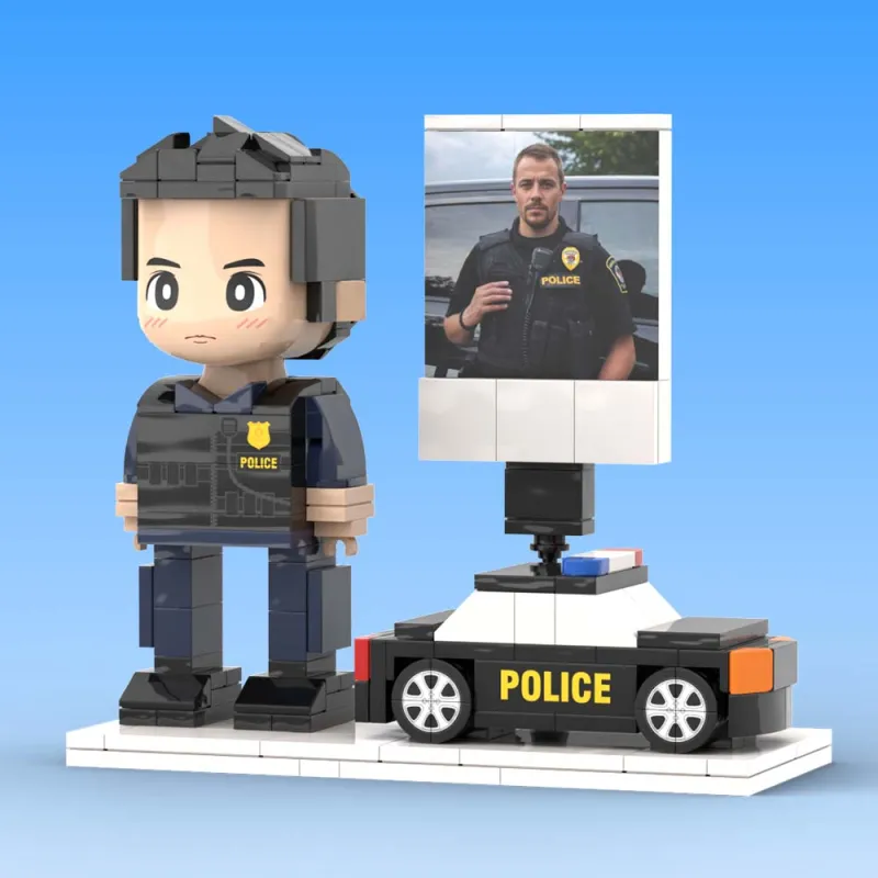 Gift-ready presentation of personalised police mini figure with neat packaging — custom brick-style figure ideal for loved ones and groomsmen