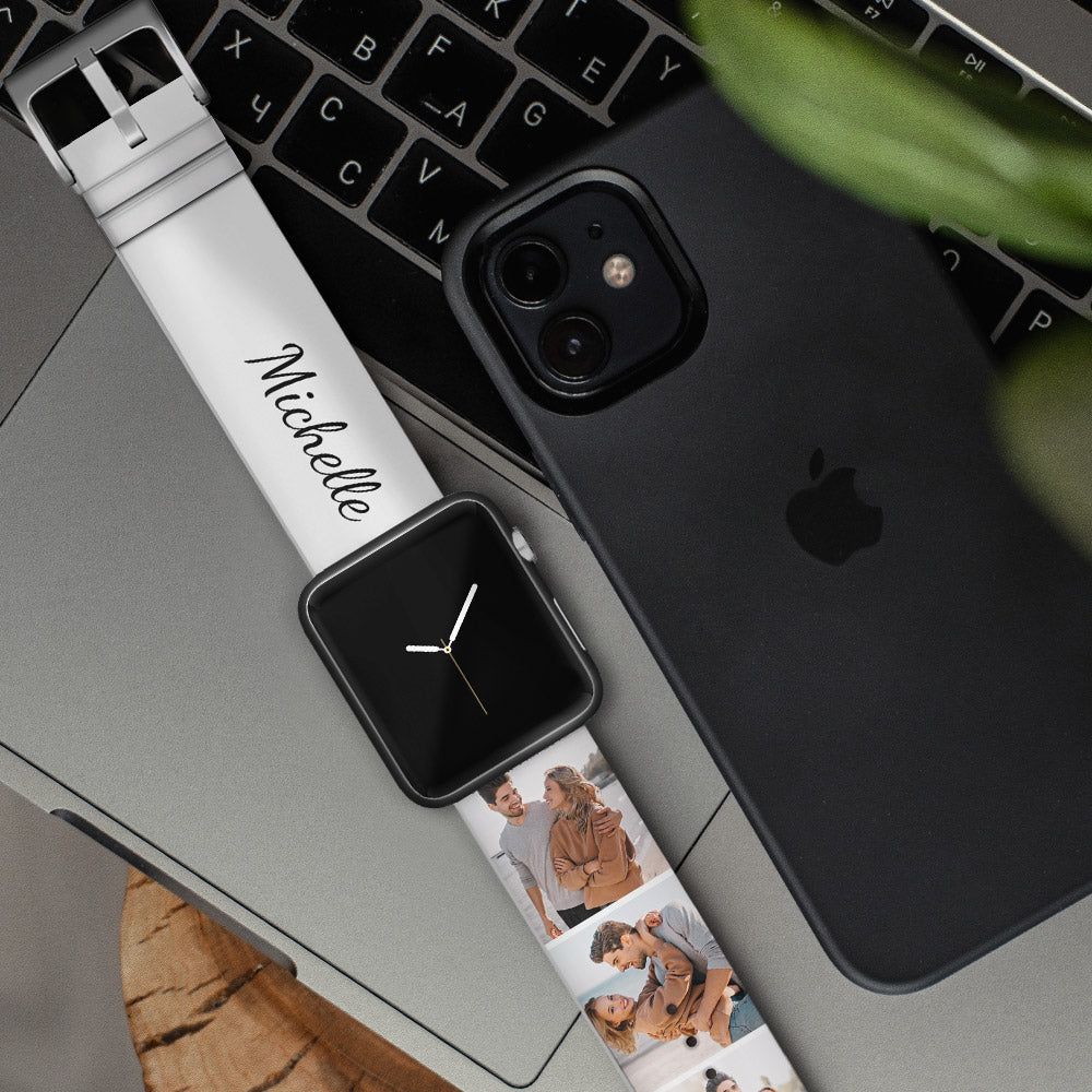 Angle view of the personalised Apple Watch band, showcasing soft silicone material and full-colour photo print.