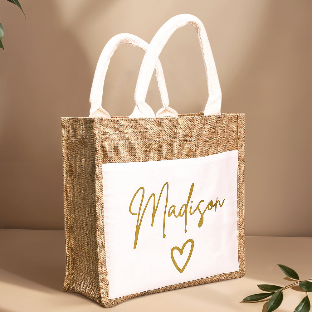 Styled reusable jute tote bag with beach essentials — linen fabric travel bag for seaside days and weekends away