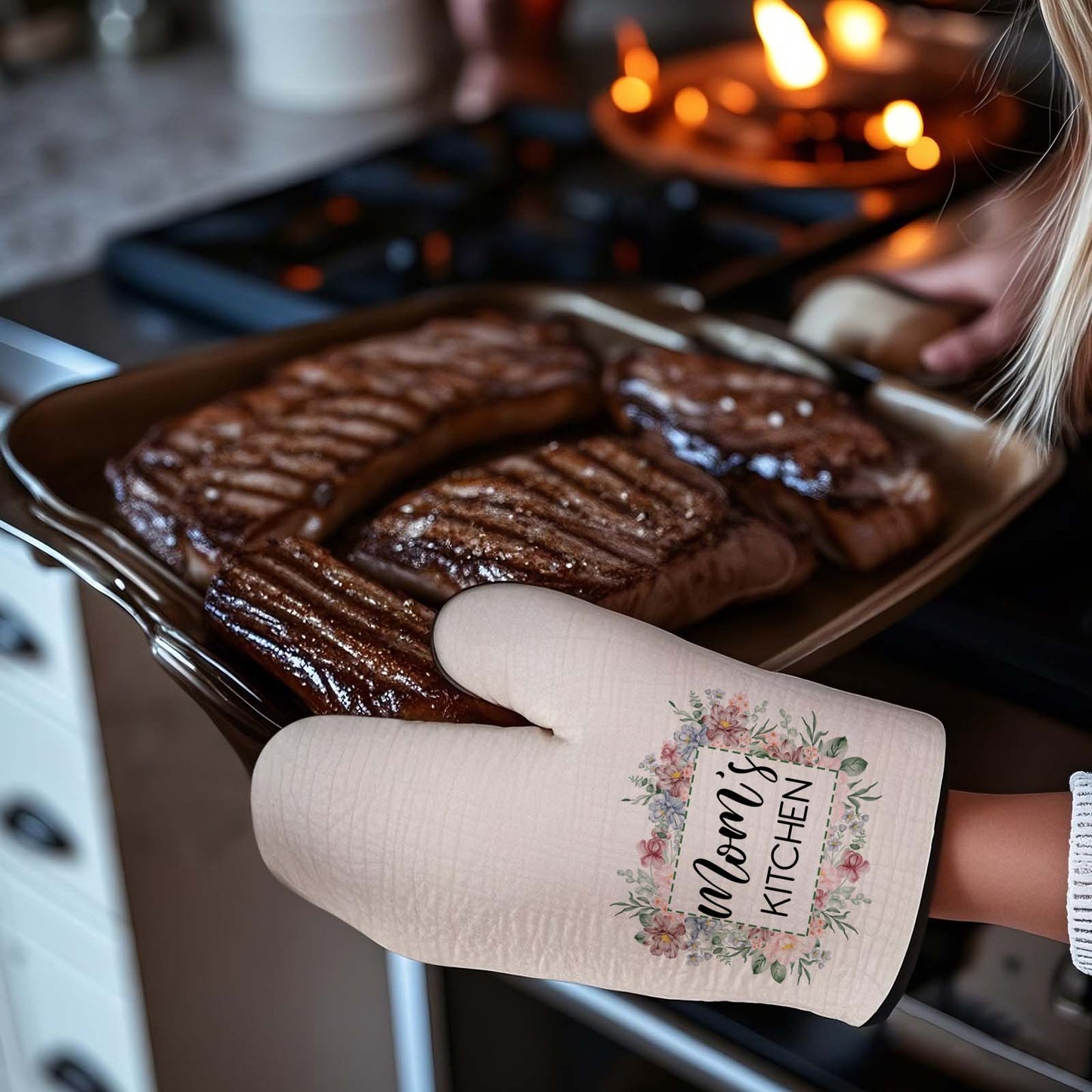 Personalised Floral Oven Mitt & Pot Holder Set - Custom Text Kitchen Gift for Mum