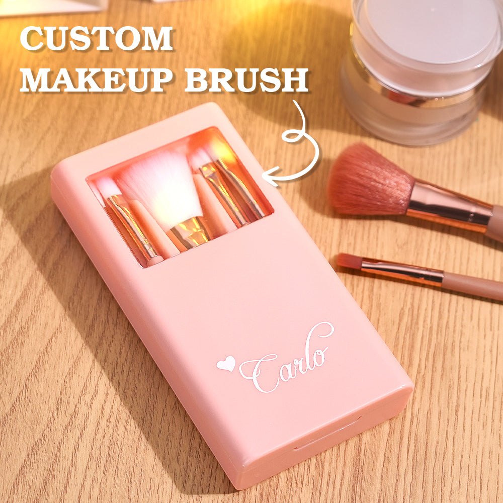 Compact travel case open to reveal customised engraved make-up brushes neatly organised — personalised make-up brush set ready for travel