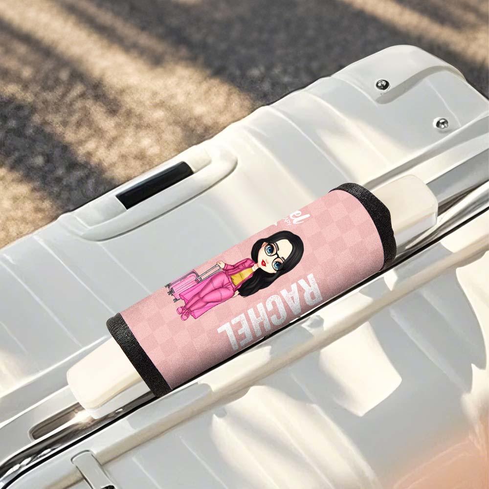 Assorted personalised cartoon luggage handle wraps displayed — custom name travel ID tags for family, kids and frequent travellers