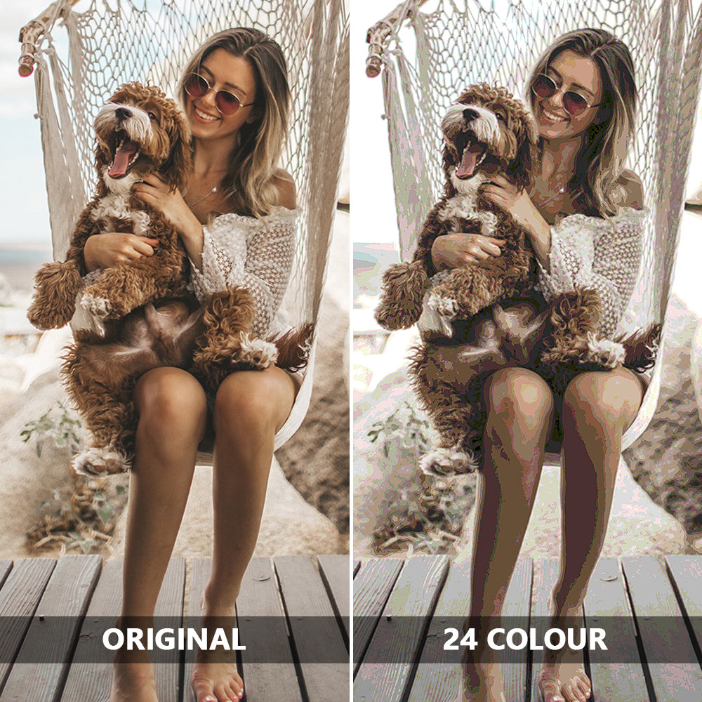 Paint pots, brushes and numbered palette from a personalised photo paint-by-numbers kit — custom DIY oil painting supplies, 30 x 40 cm