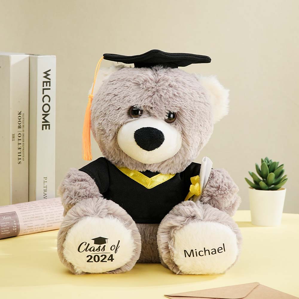 Close-up of personalised graduation teddy showing embroidered name and graduation date — ideal personalised graduation gift for uni, A‑Levels and school leavers