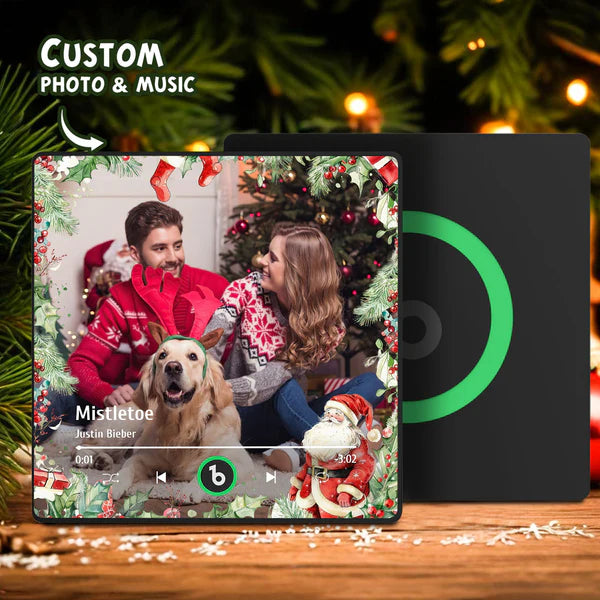 Personalised family photo magnet playing a favourite tune on a kitchen fridge — sentimental keepsake and memorial gift idea