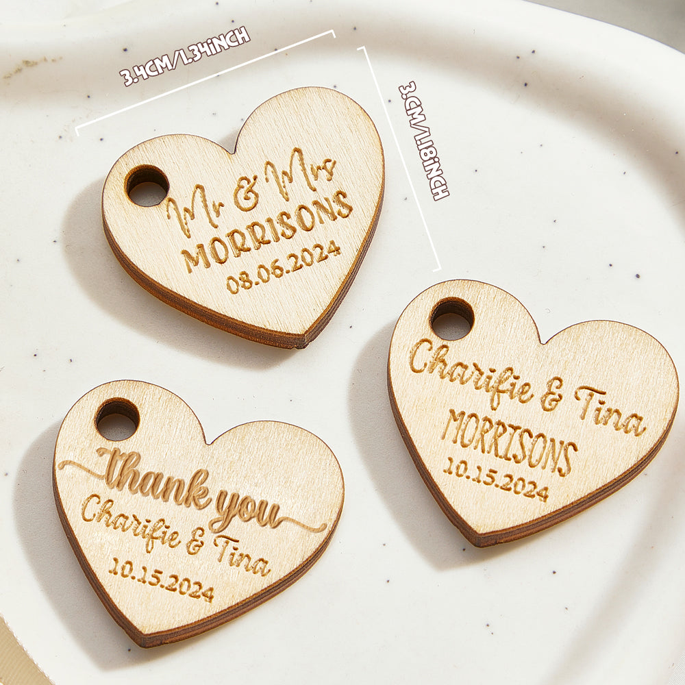 Personalised Wooden Heart Gift Tags - Engraved Wedding Favours for Guests