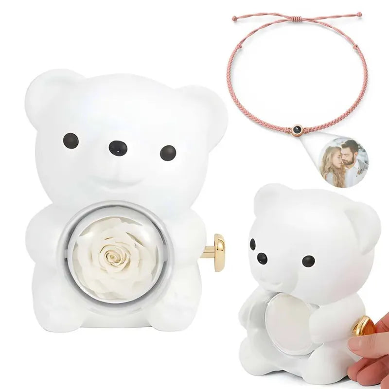 Gift-ready rose bear box with cushioned interior holding personalised photo projection bracelet – elegant Valentine's packaging