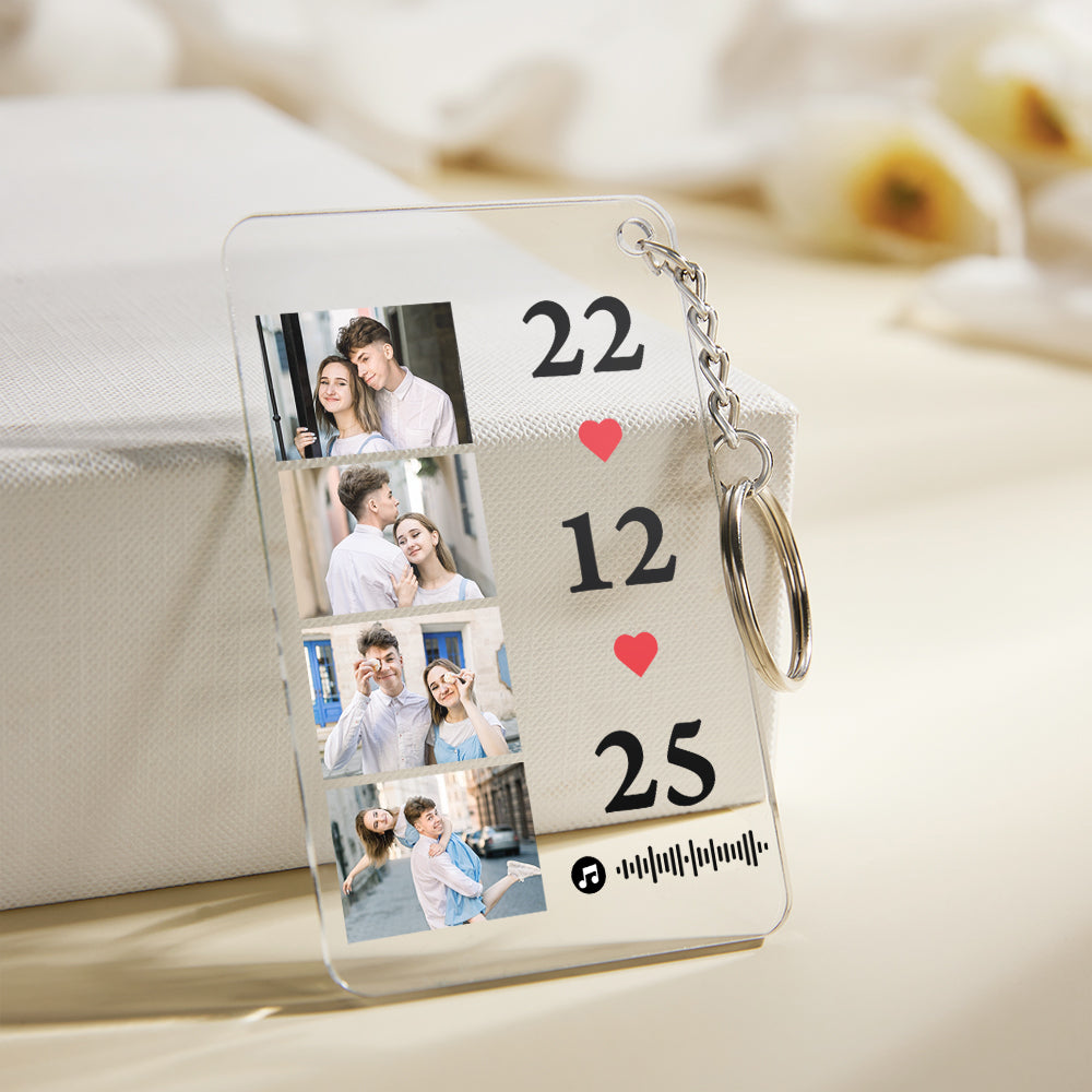 Personalised scannable photo plaque examples featuring couples and pet photos – sentimental music photo gifts