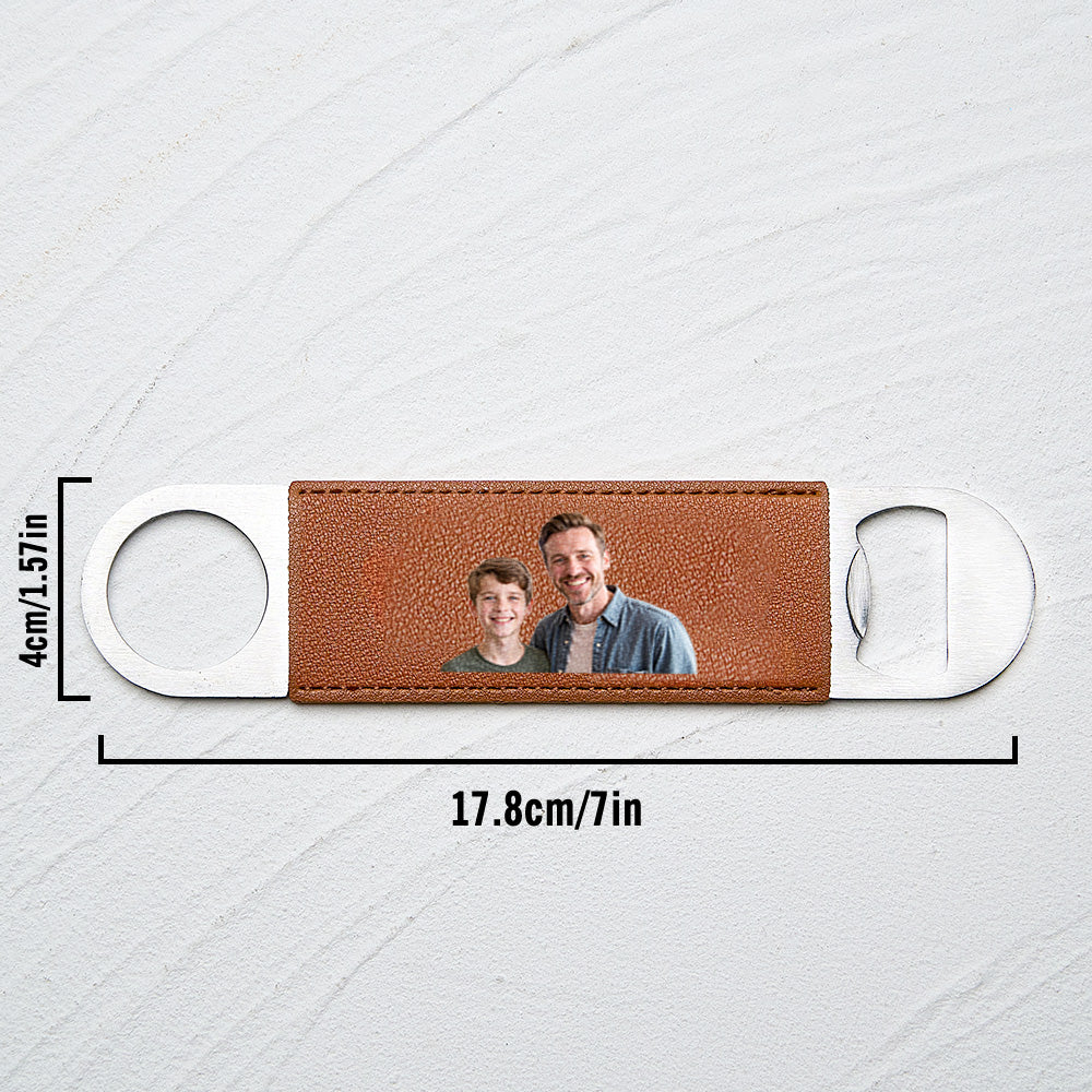 Close-up shot of the printed photo on the leather handle with metal opener.