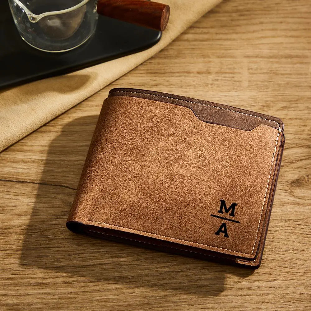 Open personalised bifold wallet showing engraved photo, multiple card slots and clear ID window, customised keepsake ideal for Father's Day or anniversaries