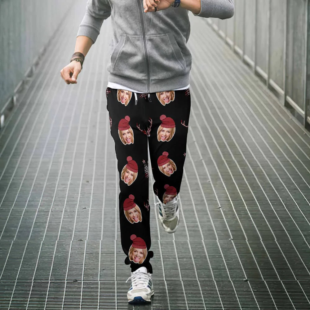 Model wearing personalised girlfriend face joggers demonstrating comfortable unisex fit and elasticated waistband, perfect personalised gifts UK