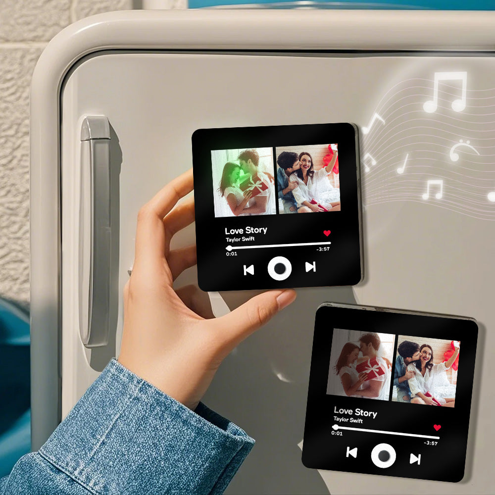 Close‑up of the customised music module and Type‑C charging port on the personalised photo music fridge magnet — rechargeable lithium battery