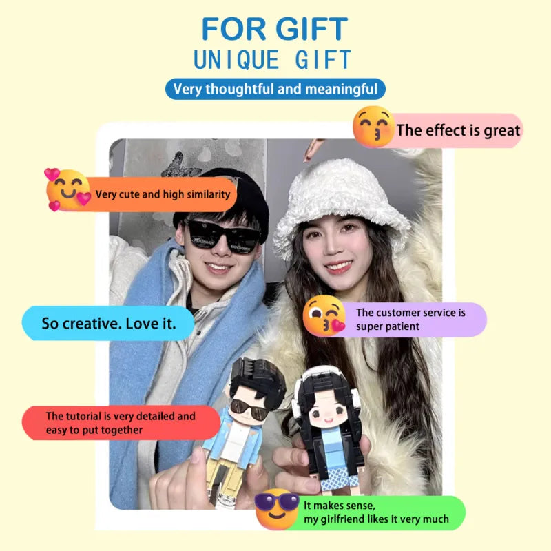 Examples of personalised full-body Duddu brick figures with varied outfits and expressions — bespoke 1-person keepsake and personalised photo gift