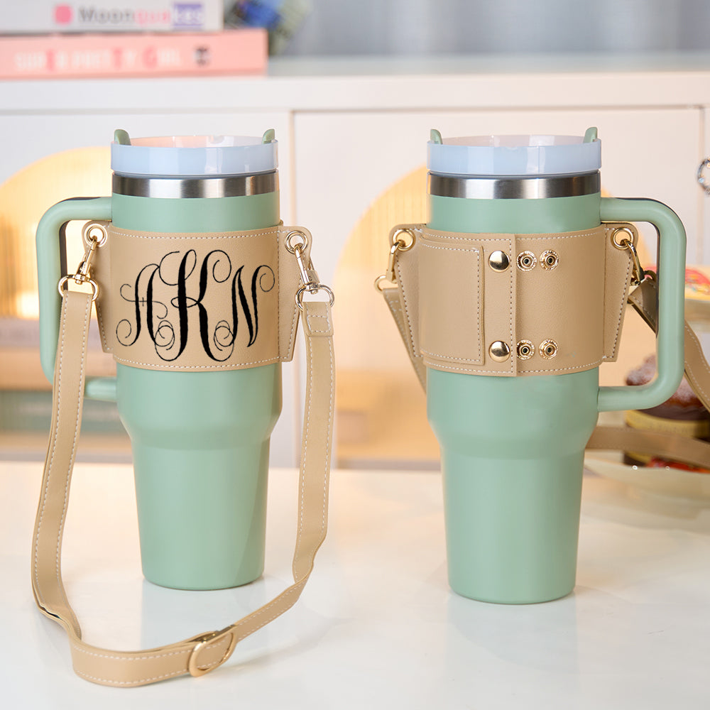 Lifestyle shot of hands-free shopping with a personalised monogram water bottle carrier holding a 40oz Stanley tumbler