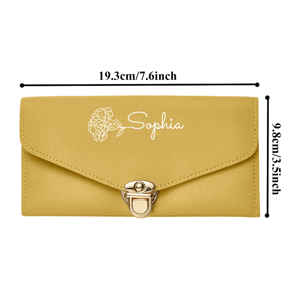 Close-up of printed birth flower motif and personalised name on PU leather wallet for a bespoke gift