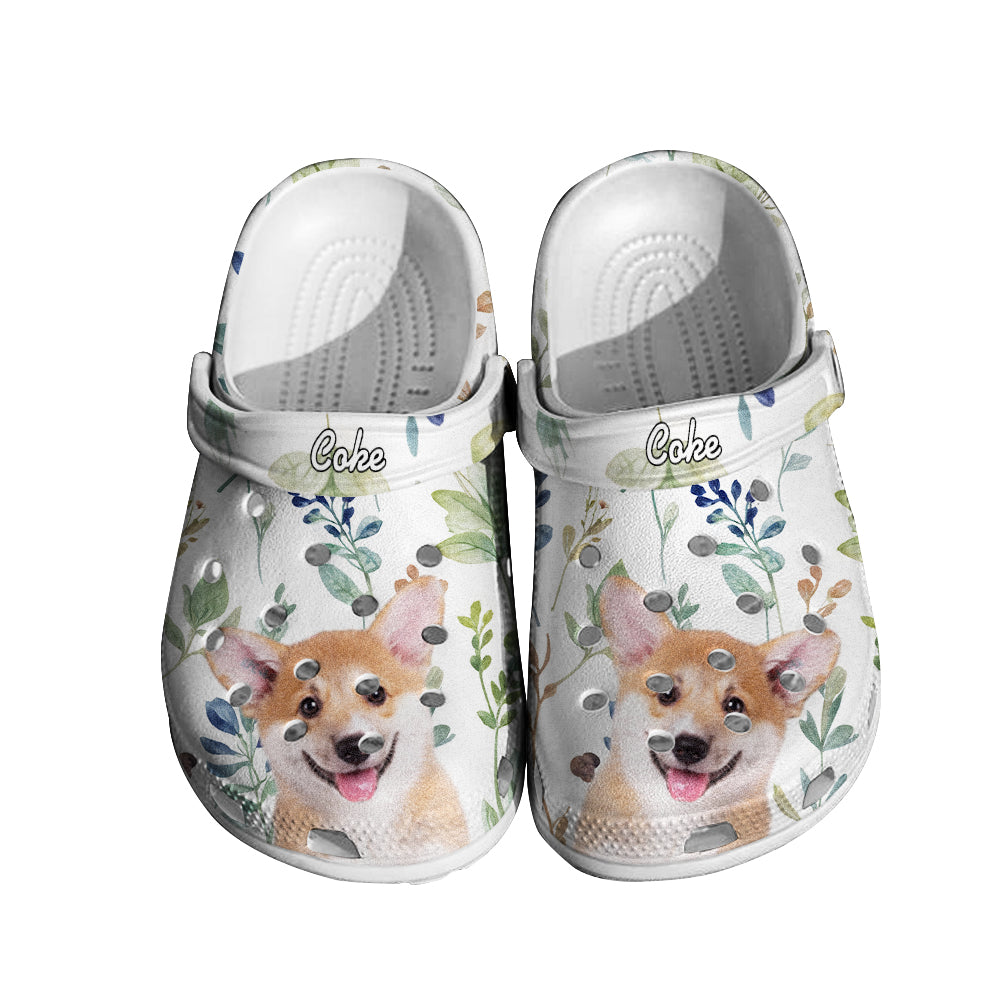 Top-down view of customised pet face clogs displaying both shoes and clear name customisation — lightweight waterproof personalised slippers