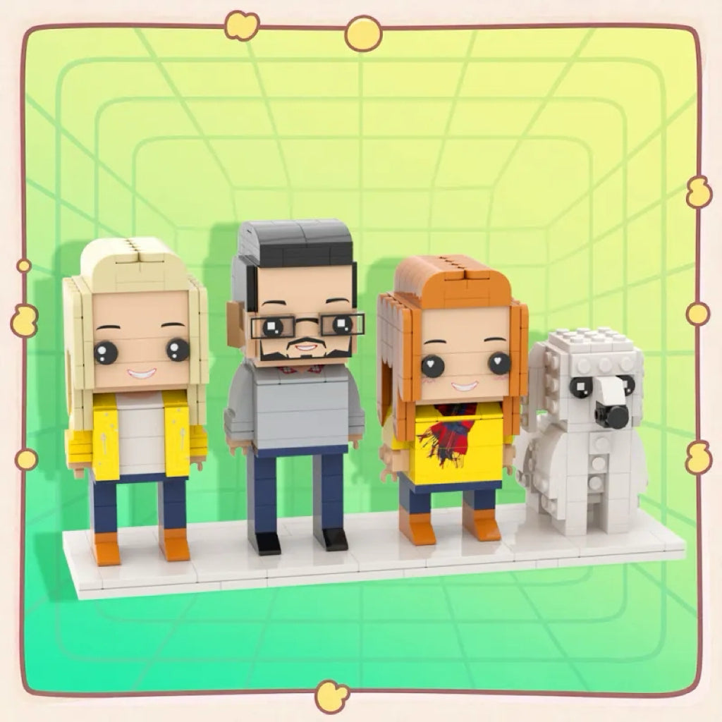 Personalised full‑body brick figures of three people with a cute dog illustration — handcrafted custom brick figures ideal as anniversary or birthday gifts