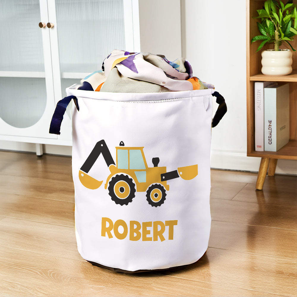 Close-up of colourful construction trucks print on durable Oxford cloth storage basket.