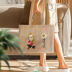 Personalized Cartoon Women Girl Birth Flower Grandma's Garden Jute Tote Bag with Name Wedding Birthday Gift for Her