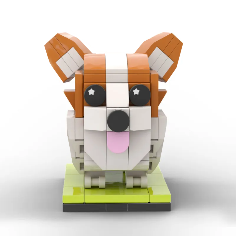 Customisable full-body Corgi brick figure — front-facing personalised Corgi mini build reproducing fur colour, facial emoji and clothing from your photo (photo upload) — ideal personalised pet gift