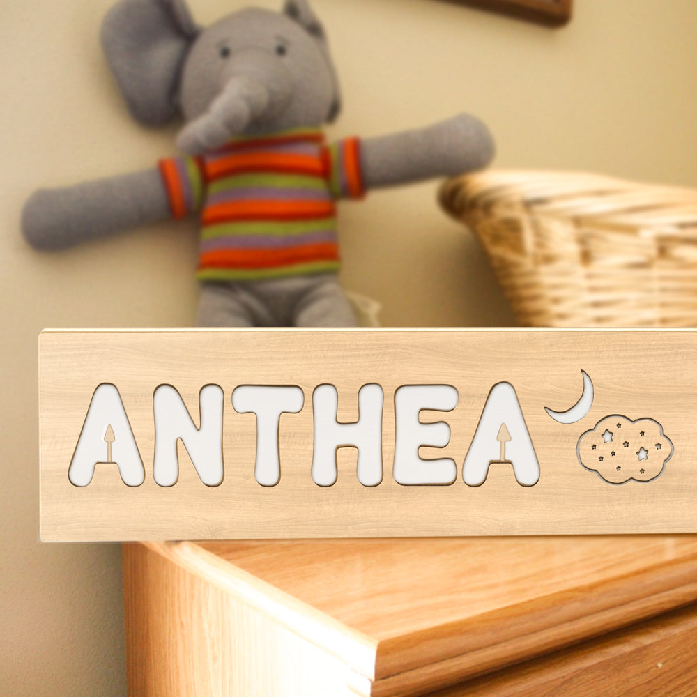 Five cute design patterns for personalised wooden night lights arranged for comparison — custom nursery night light designs