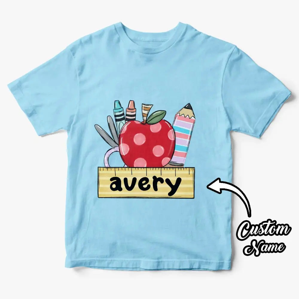 Close-up of printed lettering on personalised kids T-shirt showing high resolution custom name print