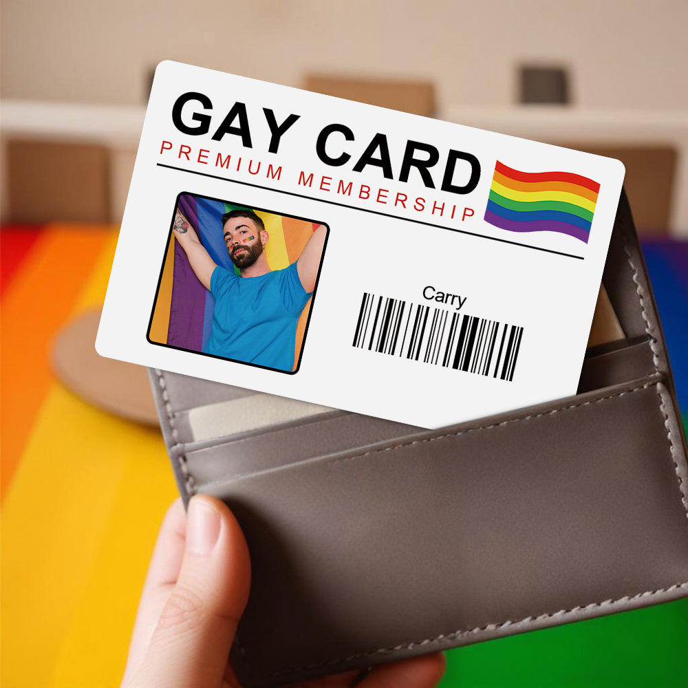 Custom photo personalised name wallet card with rainbow Gay Pride motif — durable plastic 5.4 x 8.6 cm LGBT keepsake for wallets