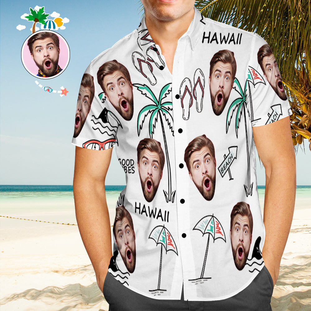 Front view of personalised face Hawaiian shirt featuring a high-resolution custom photo print on lightweight breathable fabric — perfect custom photo beach shirt for summer holidays