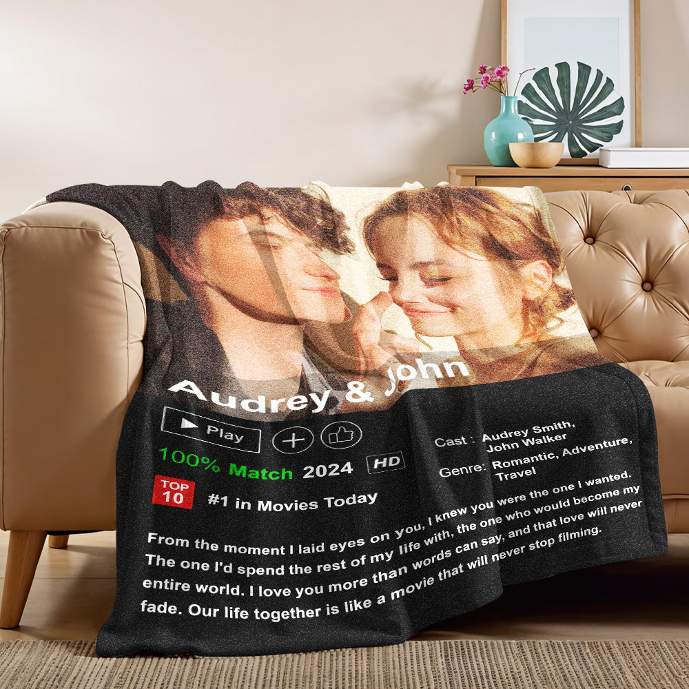 Couple cosy on sofa wrapped in personalised movie poster photo blanket — soft flannel custom keepsake for couples