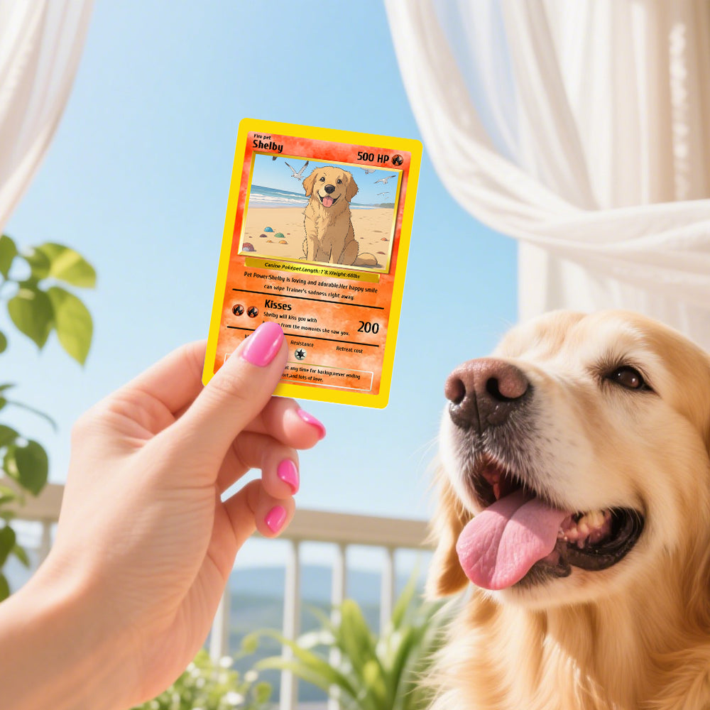 Display of personalised poke-style pet cards on a wooden stand (stand not included) — custom pet photo cards in durable wood/plastic/PVC, perfect as a birthday or Valentine’s gift