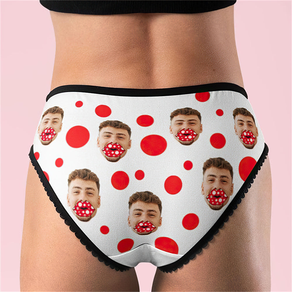 Custom face women's panties flat-lay — personalised red lips panties in soft, durable polyester with fade-resistant heat-transfer print
