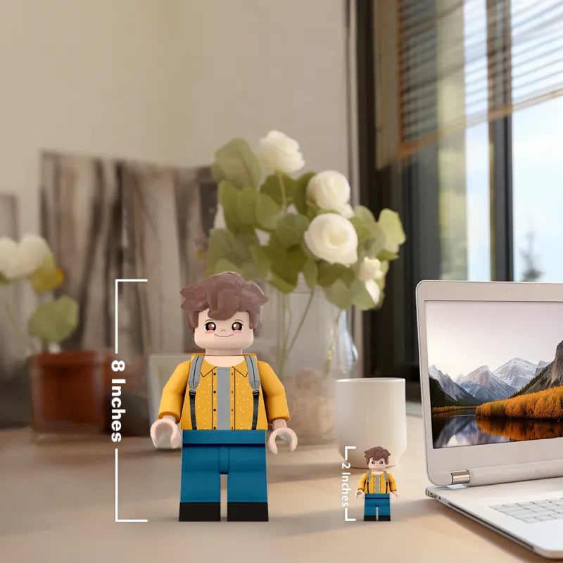Close‑up of facial and hairstyle detail on a personalised 3D printed giant minifig — high‑resolution custom photo likeness for a personalised photo minifigure gift