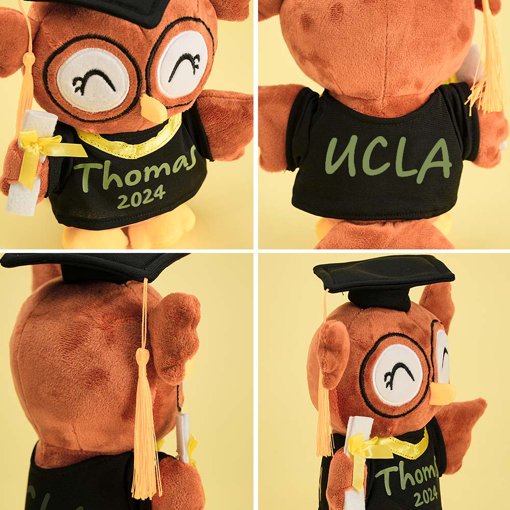 Side view of personalised owl plush showing soft plush fabric and PP cotton filling – ideal graduation keepsake