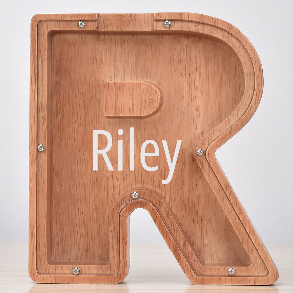 Personalised Oak Wooden Letter Money Box with Engraved Name | Handcrafted Piggy Bank