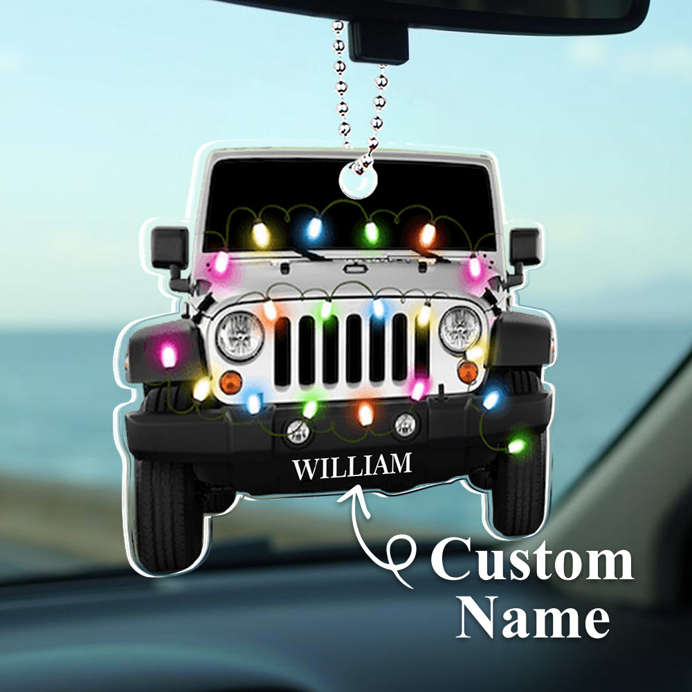 Personalised Car Christmas Ornament in clear acrylic, engraved with a name on a detailed car silhouette — custom acrylic decoration for Christmas tree or gift