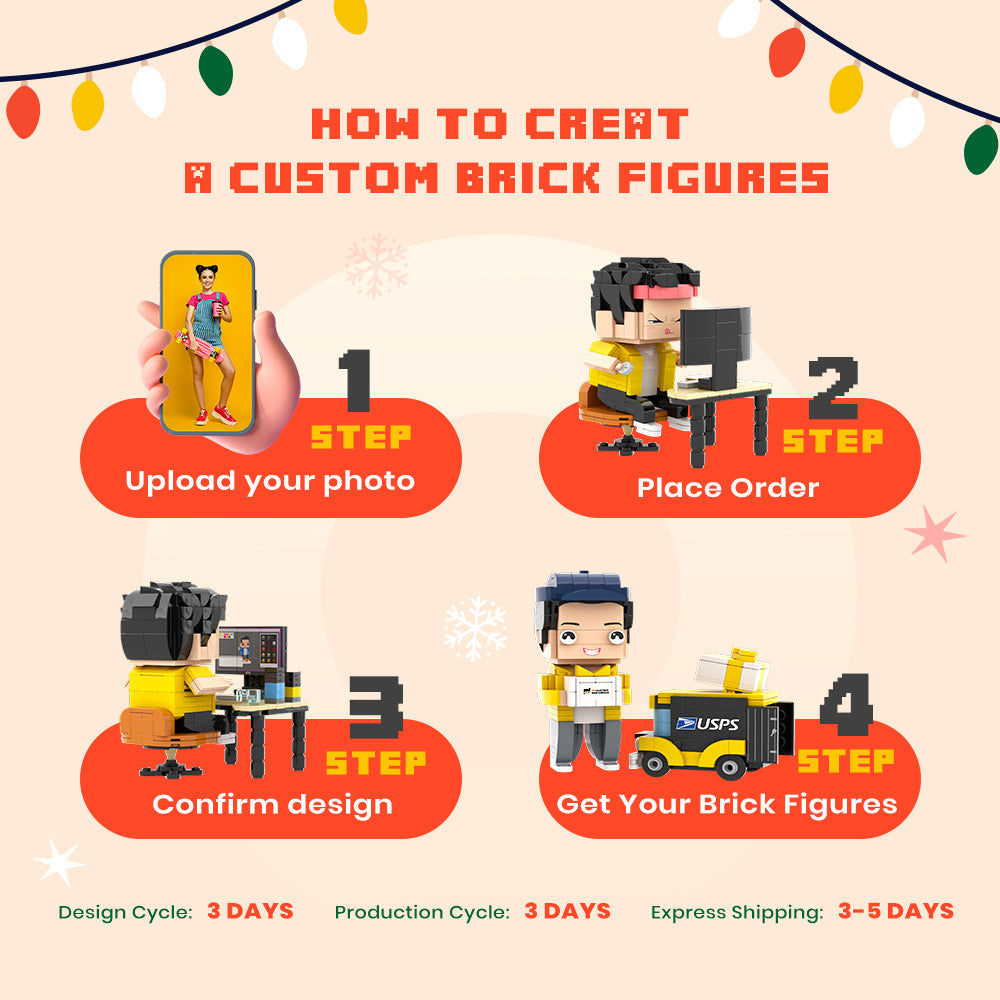 Side and rear views of a personalised custom brick figure illustrating outfit details and simple pose – full-body one-person brick toy with fixed heart