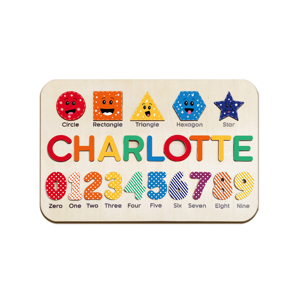Gift-ready packaging of a personalised wooden name puzzle — the perfect custom baby gift for showers, first birthdays and Christmas in the UK and Australia