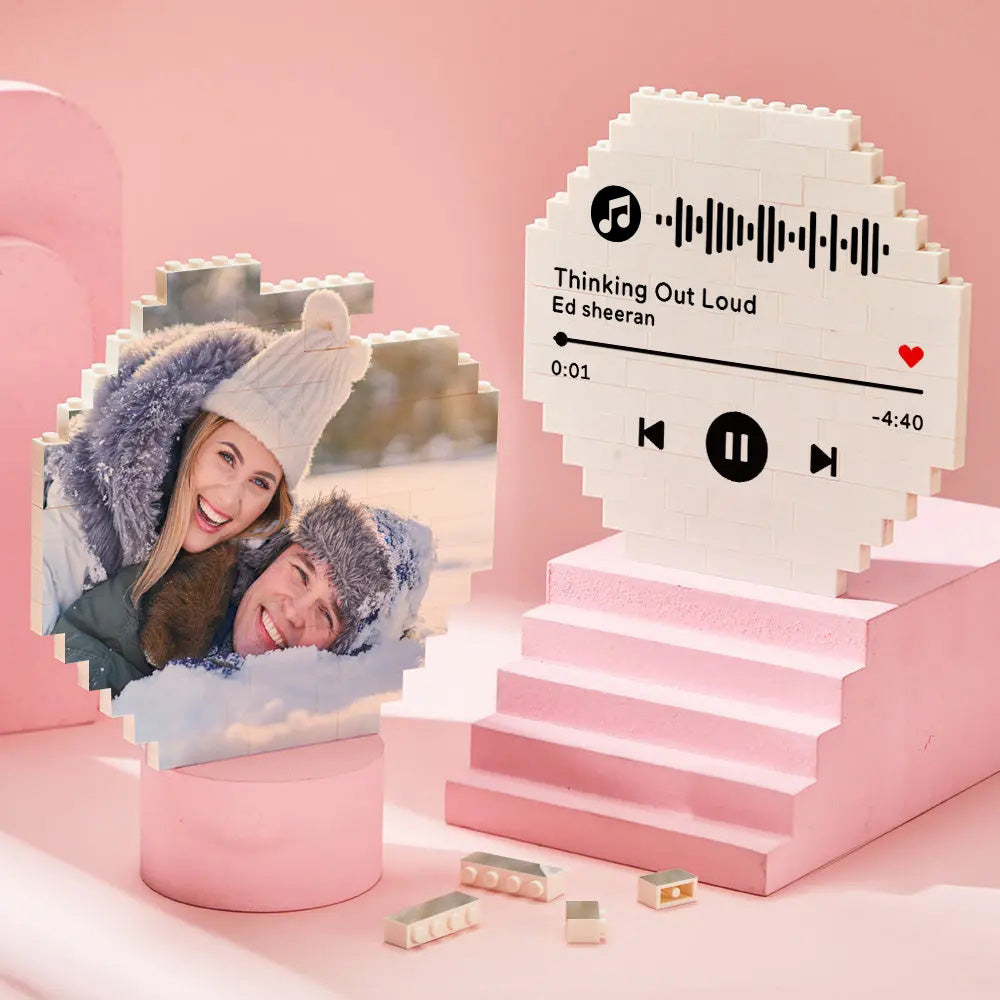 Personalisation example showing uploaded photos transformed into octagon bricks – custom photo building blocks ready to personalise with your favourite images