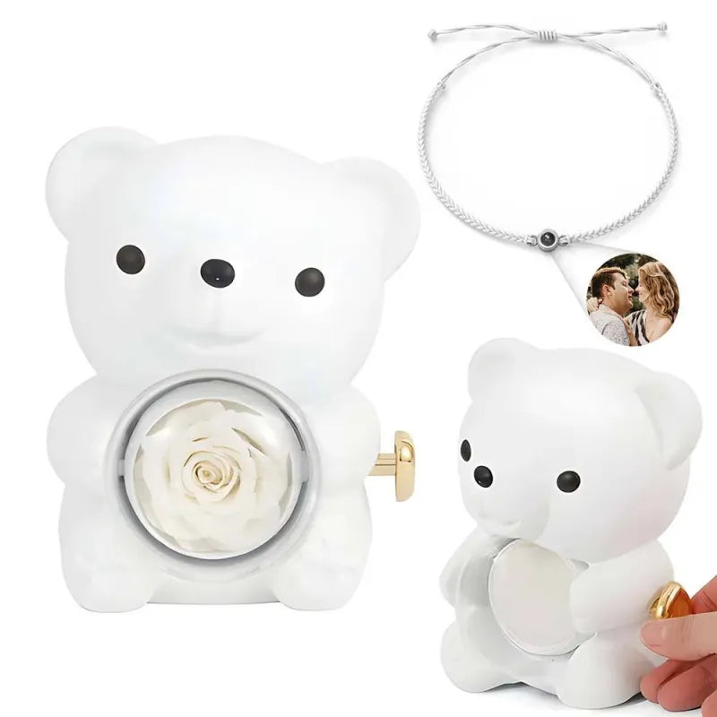 Multiple angle views of personalised photo projection bracelet and rose bear giftbox – ideal romantic gift ideas for her