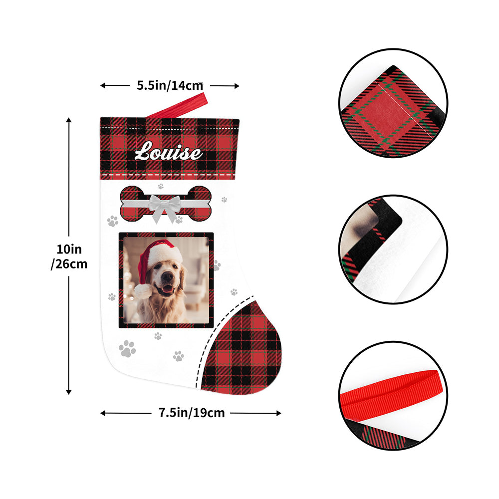 Personalised pet stocking with custom text and photo on a festive background, showing cuff dimensions and plush velvet finish