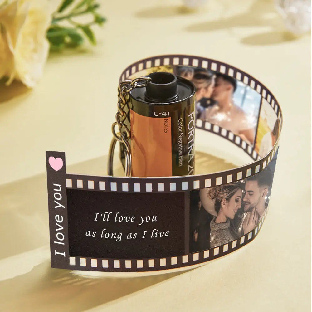 Personalised film roll keychain featuring pet photos — thoughtful gift for pet lovers and family