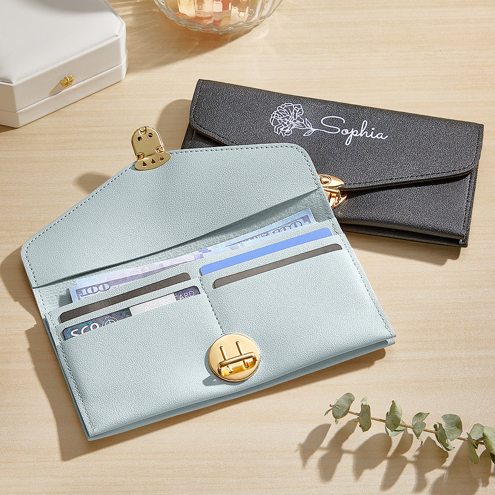 Selection of personalised birth flower wallets in different floral designs and colourways – custom name options available