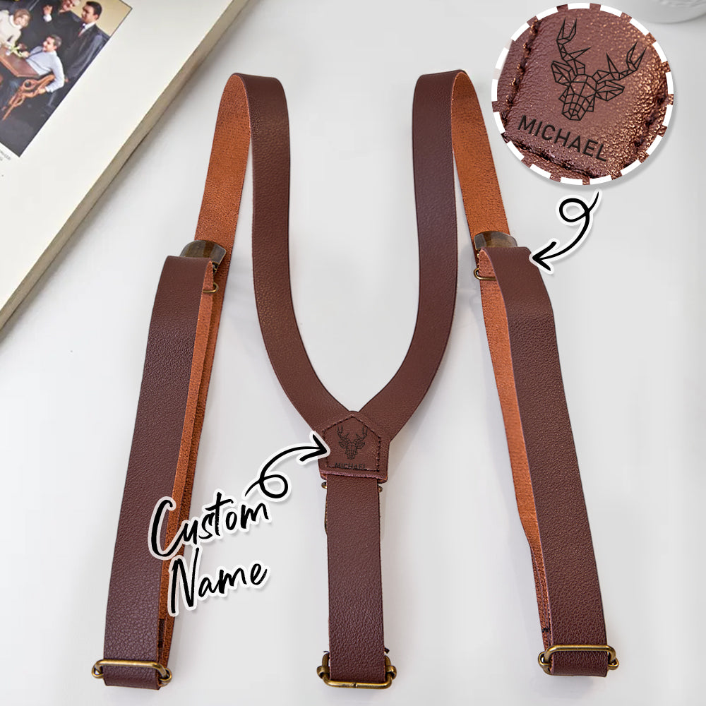 Detail of metal clip and leather join on personalised suspenders — durable construction ideal for groomsmen gifts