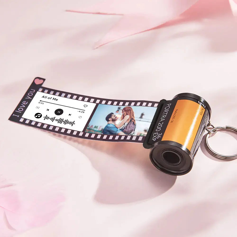 Gift-ready box presentation for a personalised film roll keychain — perfect romantic or anniversary present