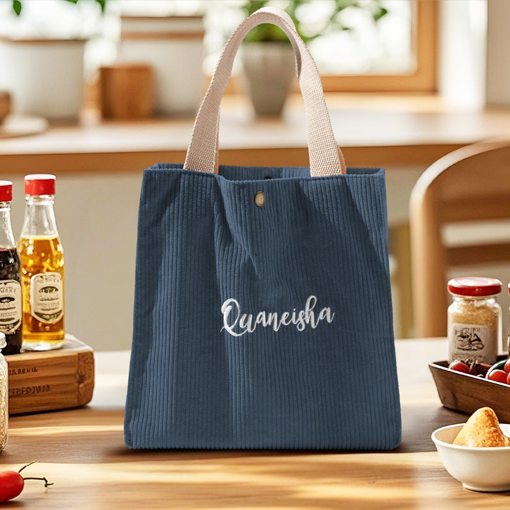 Collection of personalised name lunch bags in various colours – embroidered mini totes for girls and boys