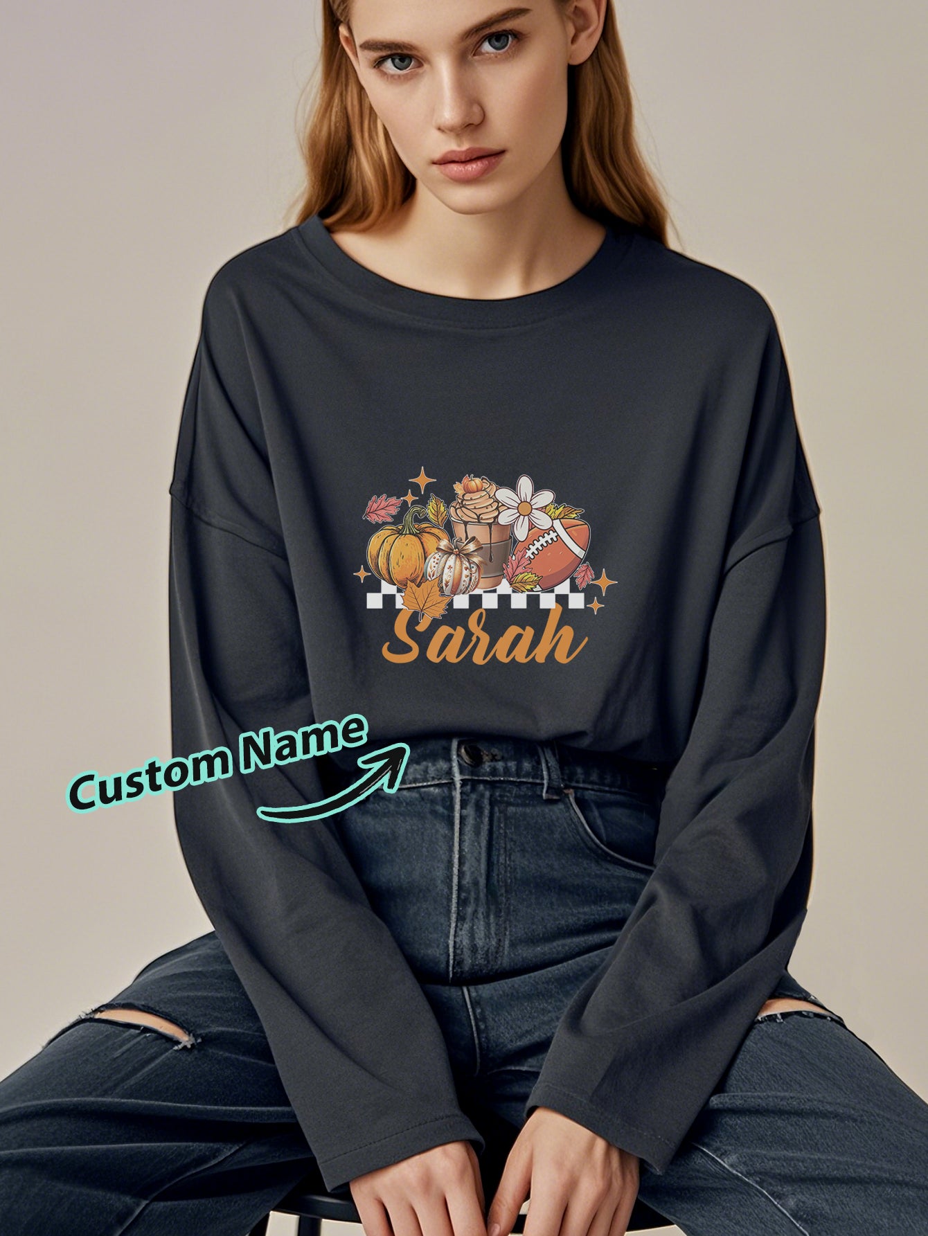 Back view of personalised Halloween long-sleeve T-shirt showing clean silhouette and long sleeves for layering