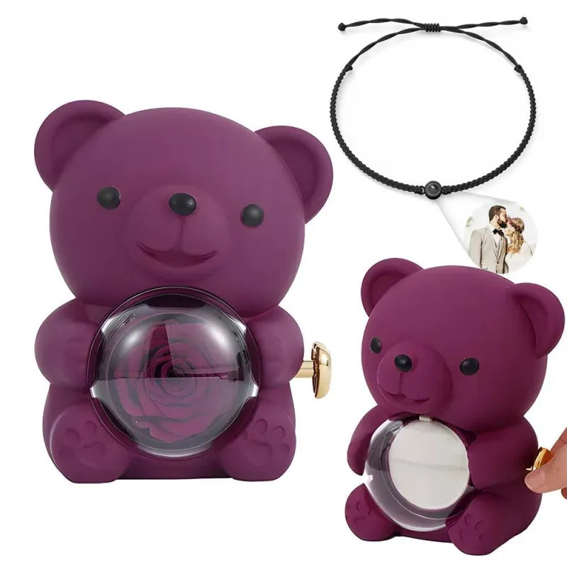 Rose bear presentation in gift box beside personalised projection bracelet – ready-to-gift romantic keepsake