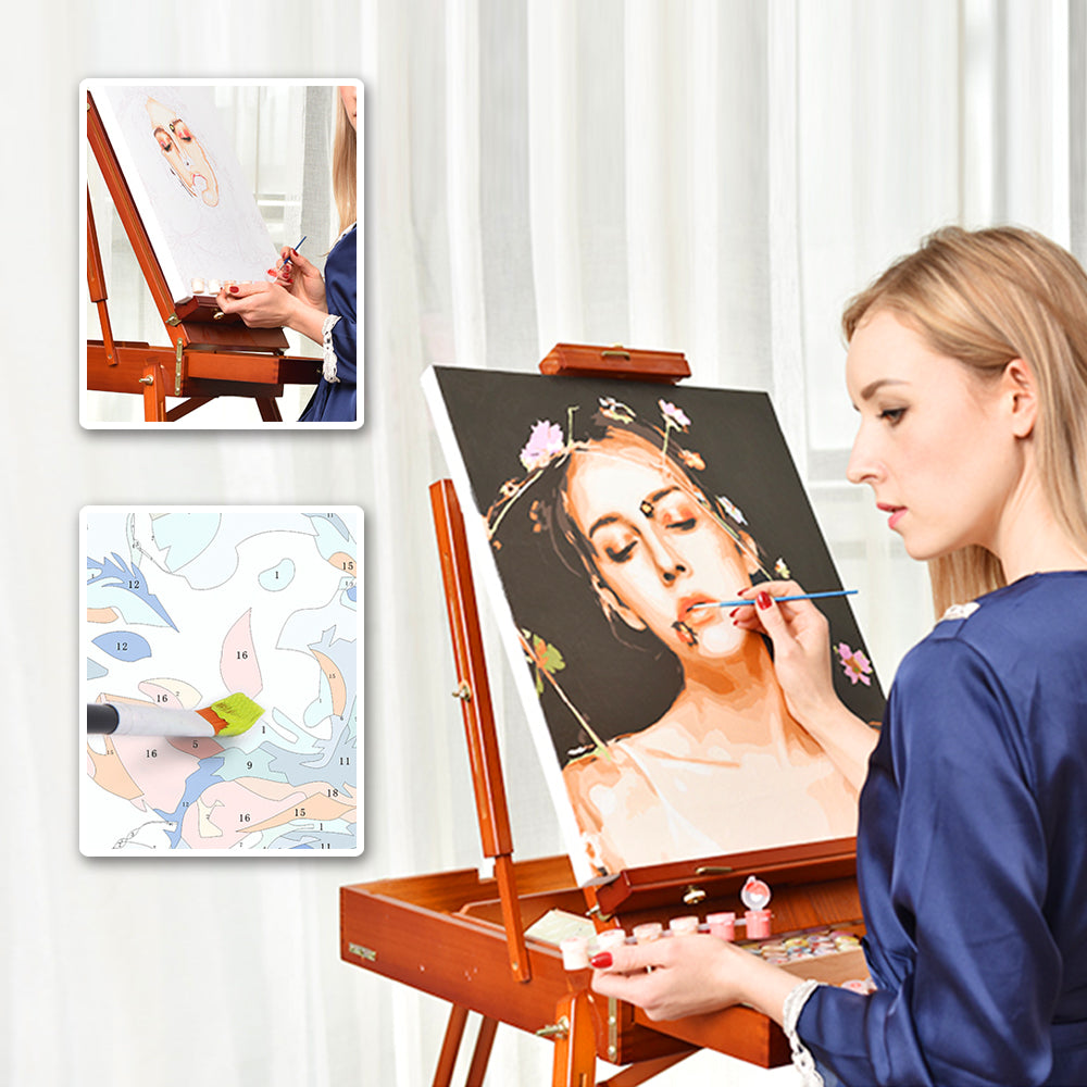 Custom photo paint-by-number kit components laid out — pre-printed 50x60cm canvas, paints, brushes and numbered template for DIY personalised canvas art