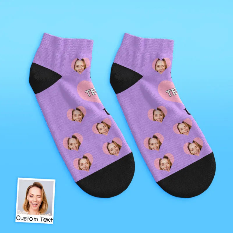 Angled studio shot of personalised ankle socks featuring custom face and 'I Love U Mum', great for a unique keepsake